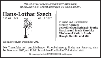 Traueranzeige von Hans-Lothar Szech  von Magdeburger Volksstimme