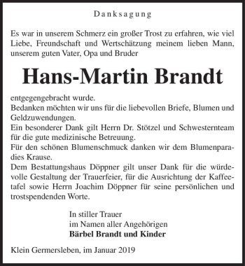 Traueranzeige von Hans-Martin Brandt  von Magdeburger Volksstimme