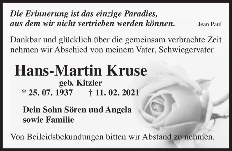  Traueranzeige für Hans-Martin Kruse (geb. Kitzler)  vom 18.02.2021 aus Magdeburger Volksstimme