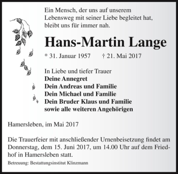 Traueranzeige von Hans-Martin Lange  von Magdeburger Volksstimme