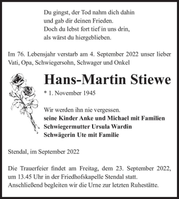 Traueranzeige von Hans-Martin Stiewe  von Magdeburger Volksstimme