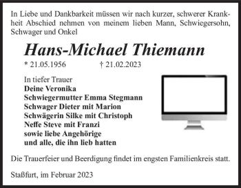 Traueranzeige von Hans-Michael Thiemann  von Magdeburger Volksstimme