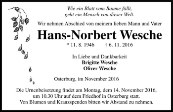Traueranzeige von Hans-Norbert Wesche  von Magdeburger Volksstimme
