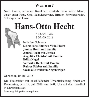 Traueranzeige von Hans-Otto Hecht  von Magdeburger Volksstimme