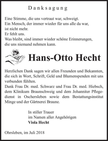 Traueranzeige von Hans-Otto Hecht  von Magdeburger Volksstimme