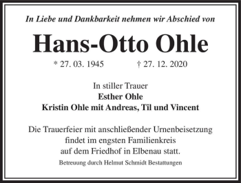 Traueranzeige von Hans-Otto Ohle  von Magdeburger Volksstimme