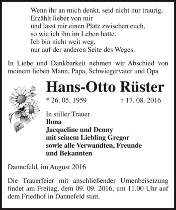 Traueranzeige von Hans-Otto Rüster  von Magdeburger Volksstimme