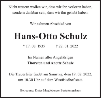 Traueranzeige von Hans-Otto Schulz  von Magdeburger Volksstimme