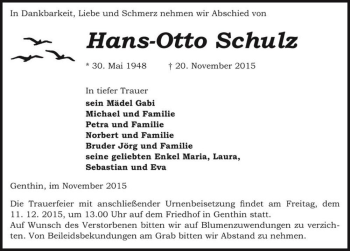 Traueranzeige von Hans-Otto Schulz  von Magdeburger Volksstimme