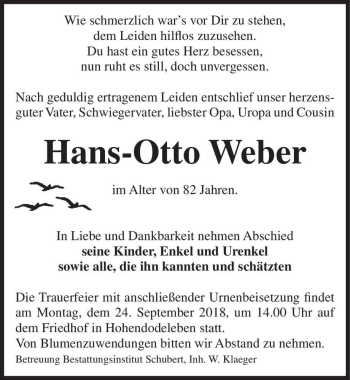 Traueranzeige von Hans-Otto Weber  von Magdeburger Volksstimme