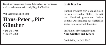 Traueranzeige von Hans-Peter ,,Pit