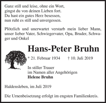 Traueranzeige von Hans-Peter Bruhn  von Magdeburger Volksstimme