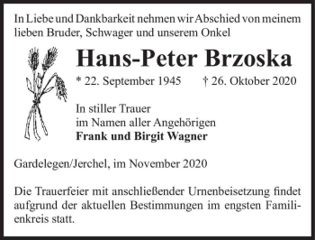 Traueranzeige von Hans-Peter Brzoska  von Magdeburger Volksstimme