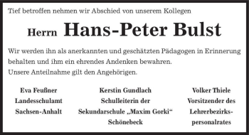 Traueranzeige von Hans-Peter Bulst  von Magdeburger Volksstimme