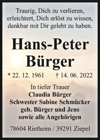 Traueranzeige von Hans-Peter Bürger  von Magdeburger Volksstimme
