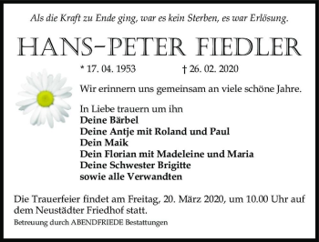Traueranzeige von Hans-Peter Fiedler  von Magdeburger Volksstimme