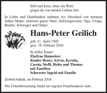 Traueranzeige von Hans-Peter Geilich  von Magdeburger Volksstimme