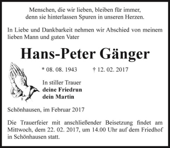 Traueranzeige von Hans-Peter Gänger  von Magdeburger Volksstimme