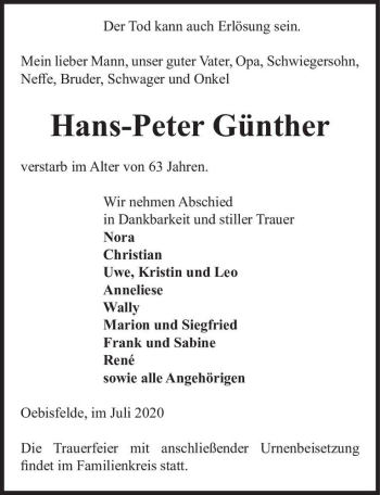 Traueranzeige von Hans-Peter Günther  von Magdeburger Volksstimme