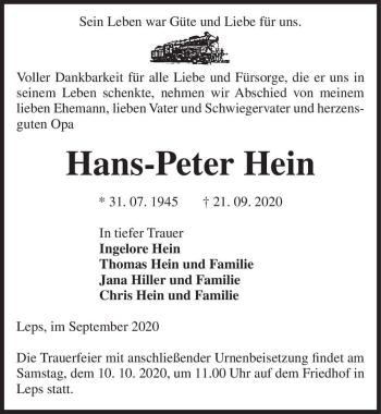 Traueranzeige von Hans-Peter Hein  von Magdeburger Volksstimme