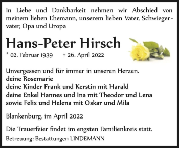 Traueranzeige von Hans-Peter Hirsch  von Magdeburger Volksstimme