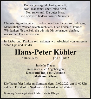 Traueranzeige von Hans-Peter Köhler  von Magdeburger Volksstimme