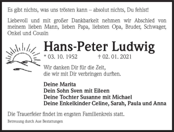 Traueranzeige von Hans-Peter Ludwig  von Magdeburger Volksstimme