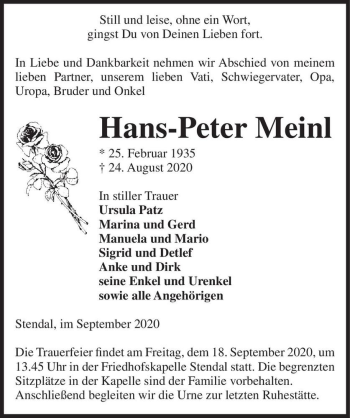 Traueranzeige von Hans-Peter Meinl  von Magdeburger Volksstimme