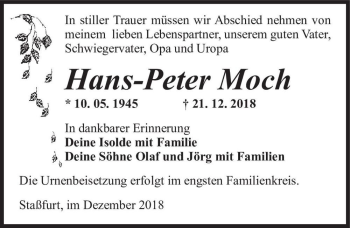 Traueranzeige von Hans-Peter Moch  von Magdeburger Volksstimme