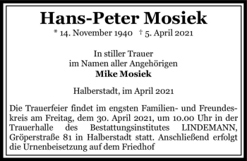 Traueranzeige von Hans-Peter Mosiek  von Magdeburger Volksstimme