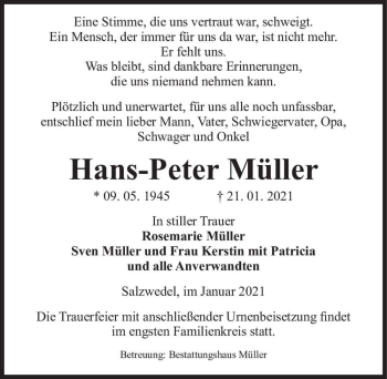 Traueranzeige von Hans-Peter Müller  von Magdeburger Volksstimme
