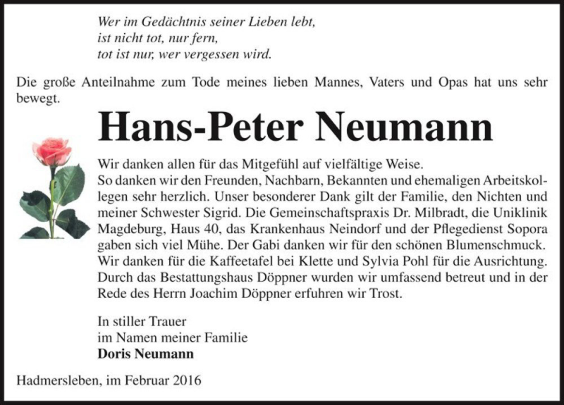  Traueranzeige für Hans-Peter Neumann  vom 08.02.2016 aus Magdeburger Volksstimme
