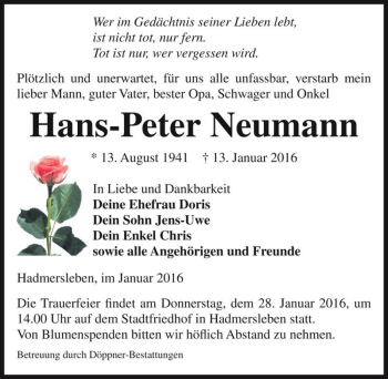 Traueranzeige von Hans-Peter Neumann  von Magdeburger Volksstimme