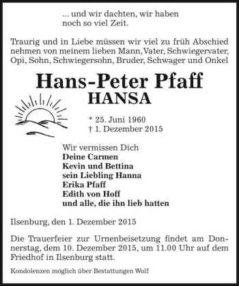 Traueranzeige von Hans-Peter Pfaff HANSA  von Magdeburger Volksstimme