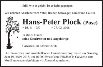 Traueranzeige von Hans-Peter Plock (geb. Pose)  von Magdeburger Volksstimme