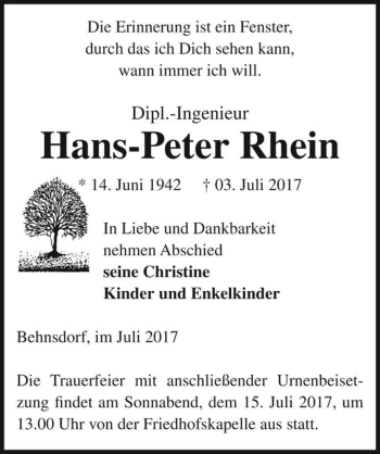 Traueranzeige von Hans-Peter Rhein  von Magdeburger Volksstimme
