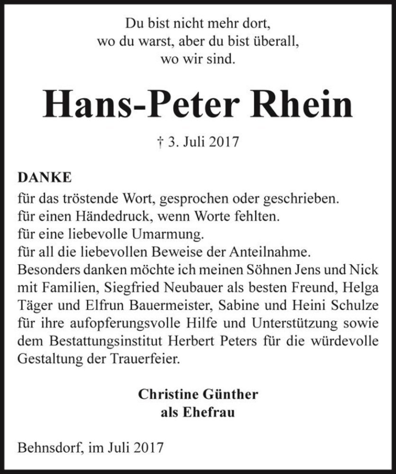  Traueranzeige für Hans-Peter Rhein  vom 27.07.2017 aus Magdeburger Volksstimme