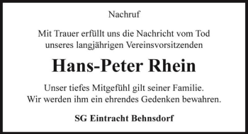 Traueranzeige von Hans-Peter Rhein  von Magdeburger Volksstimme
