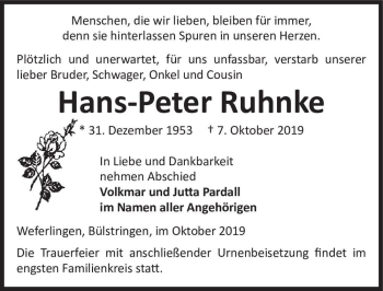 Traueranzeige von Hans-Peter Ruhnke  von Magdeburger Volksstimme
