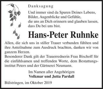 Traueranzeige von Hans-Peter Ruhnke  von Magdeburger Volksstimme