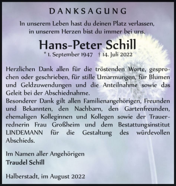 Traueranzeige von Hans-Peter Schill  von Magdeburger Volksstimme