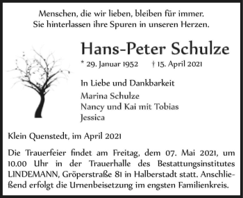 Traueranzeige von Hans-Peter Schulze  von Magdeburger Volksstimme