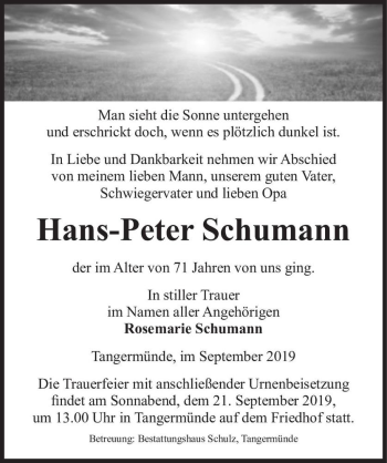 Traueranzeige von Hans-Peter Schumann  von Magdeburger Volksstimme