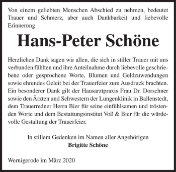 Traueranzeige von Hans-Peter Schöne  von Magdeburger Volksstimme