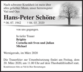 Traueranzeige von Hans-Peter Schöne  von Magdeburger Volksstimme