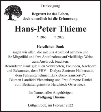 Traueranzeige von Hans-Peter Thieme  von Magdeburger Volksstimme
