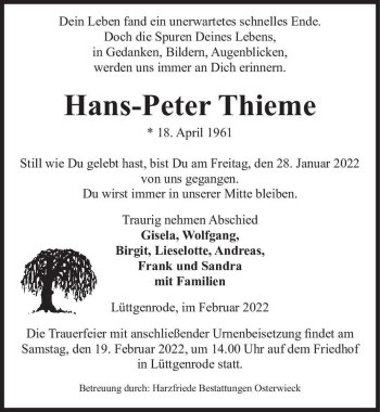 Traueranzeige von Hans-Peter Thieme  von Magdeburger Volksstimme