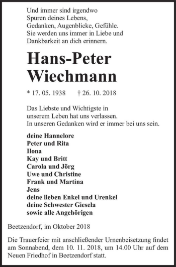 Traueranzeige von Hans-Peter Wiechmann  von Magdeburger Volksstimme