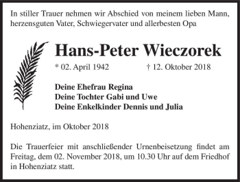 Traueranzeige von Hans-Peter Wieczorek  von Magdeburger Volksstimme