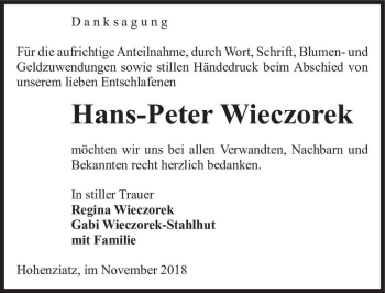 Traueranzeige von Hans-Peter Wieczorek  von Magdeburger Volksstimme